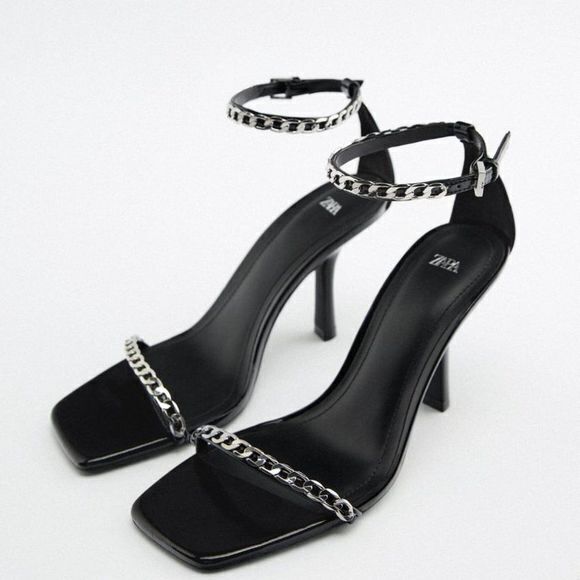 NEW ZARA CHAIN TRIM HEELED SANDALS SHOES THIN STRAP WOMENS SIZE 41 US 10 - Picture 2 of 6